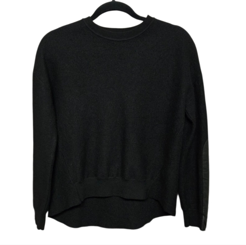 Ted Baker Black 100% Wool Crew Neck Pullover Sweater w Leather Arm Panels Sz 2